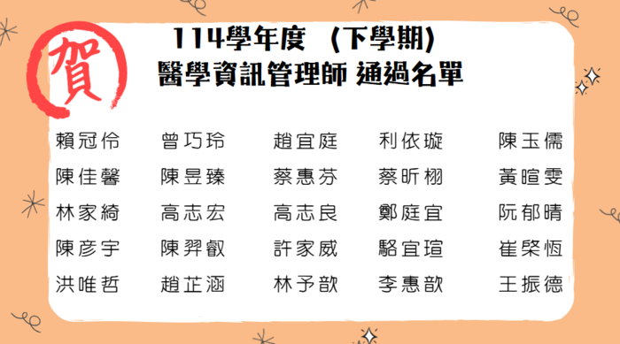 114學年度 （下學期） 醫學資訊管理師 通過名單圖片