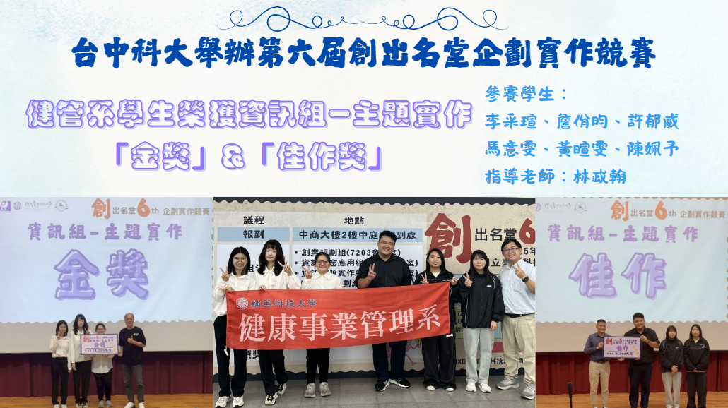 健管系學生參加台中科大舉辦的第六屆創出名堂企劃實作競賽，分別獲得「金獎」跟「佳作獎」。