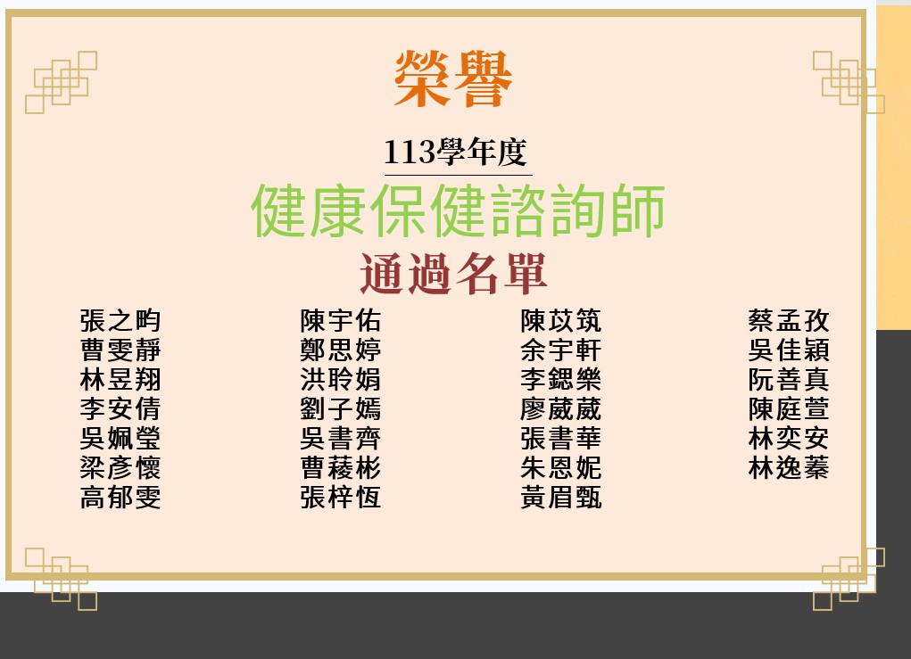 113學年度健康保健諮詢師證照通過名單