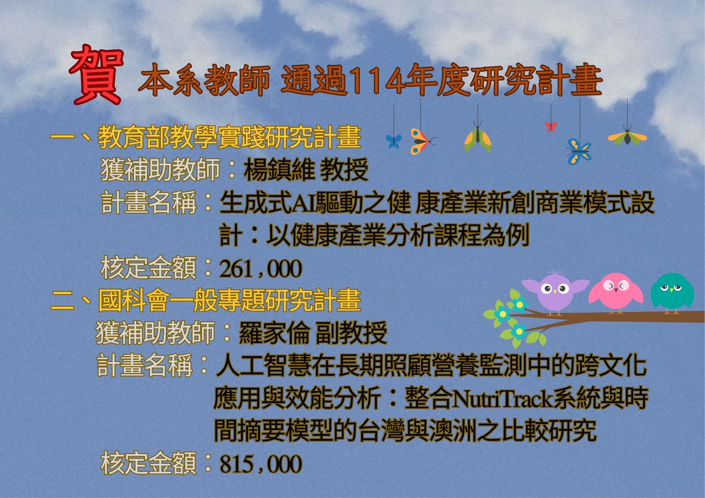 賀本系教師通過114年度研究計畫